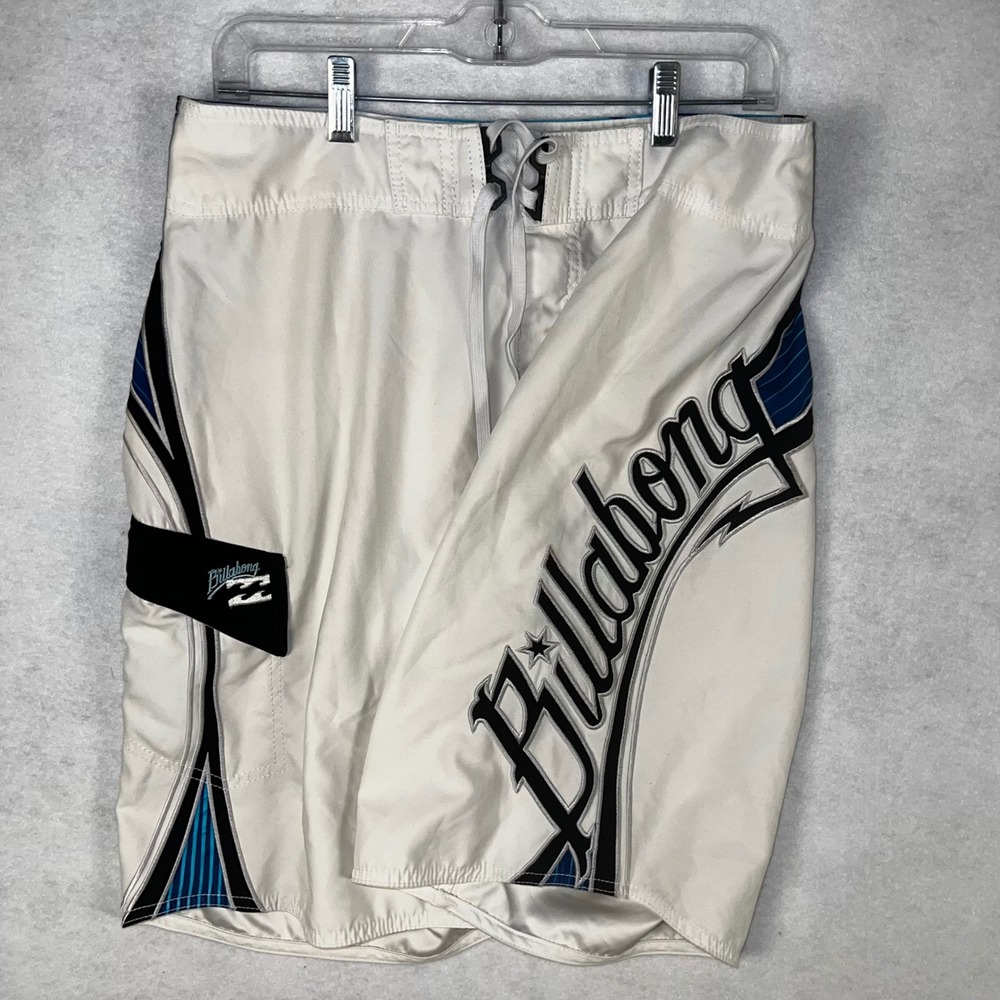 Billabong Mens Board Shorts White Blue Embroidered Graphic Swim Trunks Size 32